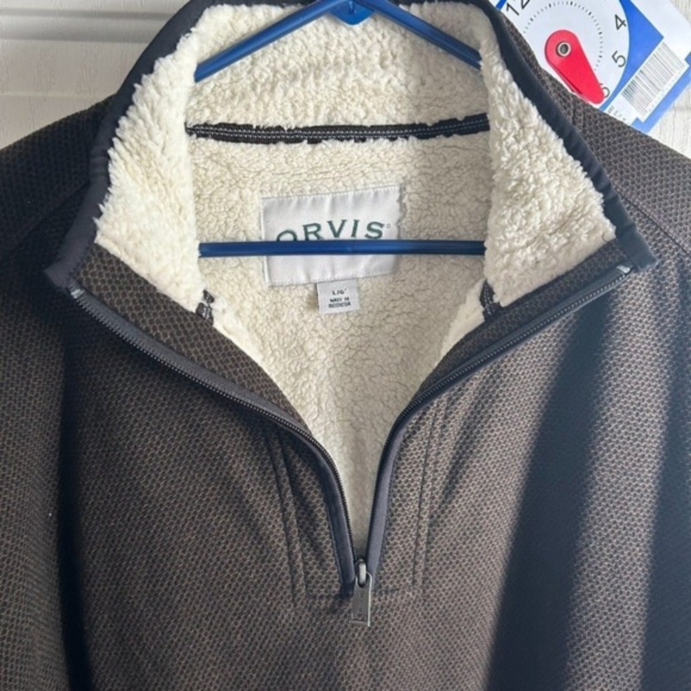 Orvis‎ Sweater Mens Lg Brown Sherpa Lined Thermal 1/4 Zip Up Outdoor Casual